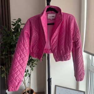 Fashion Nova Hot Pink Faux Patent Leather Quilted Cropped Jacket | Size Medium